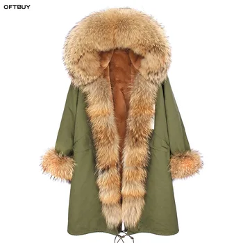 2022 Valódi Szőrme Kabát Téli Kabát Női Hosszú télikabát Nagy Természetes Mosómedve Prémes Gallér Hood-műszőrme bélés, hosszú zöld kabát, meleg koreai