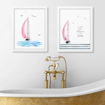 Akvarell Rózsaszín Vitorlás Sirályok Wall Art Nyomtatás Plakát , Álom Vitorlát, Idézet, Nyomtatott Vászon Festmény Lány Szoba Dekoráció