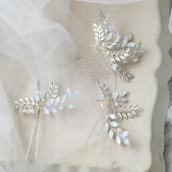 Ezüst Színű Levél Comb Menyasszonyi Hajtűket Haj Kiegészítők, Női Kézzel Készített Esküvői Opál Kristály Haj Ékszer Fejdísz