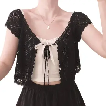 Gót lolita ruha női felsők mori lány Japán stílusú aranyos fekete-fehér, csipke-up hurkolt üreges kardigán kézzel készített kötöttáru
