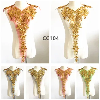 High-end arany flitter háló, hímzett kendővel ruha szoknya dekoráció nagy folt készlet 3 db varrás szövet CC104