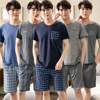 Molett Alkalmi Kockás Rövid Ujjú Modális Pizsama Szett Férfiak Nyári Koreai Laza Hálóruházat Öltöny Pizsamás Férfi Homewear Társalgó Ruhák
