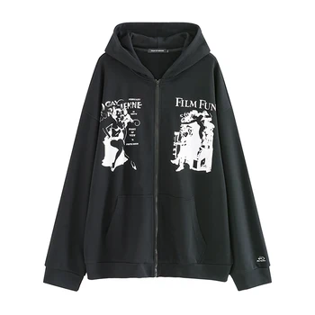 Női kapucnis felső Streetwear Nyomtatás HipHop Túlméretes Fekete Pulóver Harajuku zip kapucnis Gót Női kabát Kabát y2k grunge téli