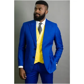 Royal Kék Férfi Öltöny, Sárga Mellény 3 Db Esküvő Vőlegény Jelmez Homme Üzleti Blézer Beállítja Terno Masculino Kabát+Nadrág+Mellény