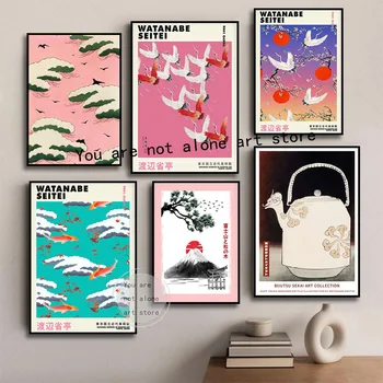Vintage Japán Watanabe Seitei Klasszikus Műalkotások Rózsaszín Égbolt,Daruk Művészet Plakát Vászon Festmény, Fali Kép Nyomtatása Szoba Lakberendezés