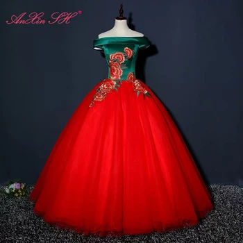 AnXin SH hercegnő zöld szatén piros csipke virág luxus vintage gyöngyös, hímzett virág csónak nyakú menyasszony fogadó estélyi ruha LE