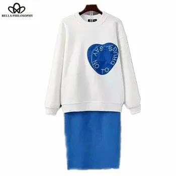 Bella Filozófia 2016 tavaszi új márkanév, a design, a szív nyomtatása fleeced kapucnis kötött sweatershirt szoknya 2 db szett, rózsaszín, kék