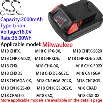 Cameron Kínai Ithium 2000mAh Akkumulátor 18V Milwaukee M18CCS66-502X,M18CCS66-902X,M18CDEX,M18 CDEX-0,M18 CHIWF12,M18 CHIWF12-0X