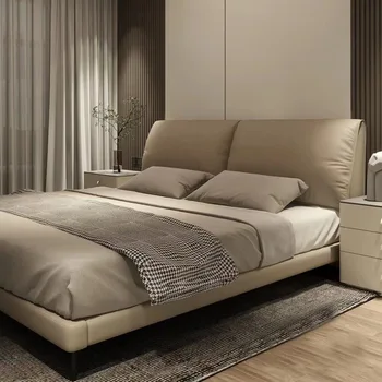 Fény luxus bőr ágy, modern, minimalista puha táska, olasz minimalista ágy, hálószoba dupla king-size méretű ággyal
