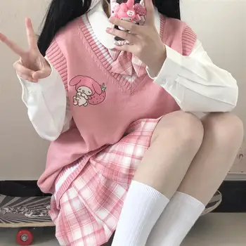 Japán aranyos Sanrio Kuromi női pulóver főiskola stílus egységes, kötött pulóver, mellény, laza A Dallam lány édes ujjatlan pulóver