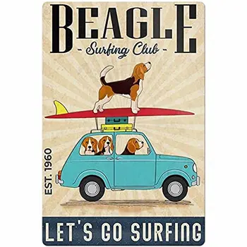 Vintage Fém Adóazonosító Jel lakberendezés Beagle Menjünk Szörfözés Kutya A Kocsi Rendszám Fém Fali Művészet Plakát