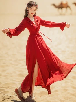 Új Nők Bohém Piros Midi Seashort Ruha, Hosszú Ujjú Húzózsinórral Gyöngy Osztott Femme Vestido Tavaszi-Nyári Pamut Vászon Ruha